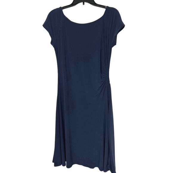Evan Picone Blue Jersey Ruched Cap Sleeve Fit To Flare Asymmetrical Dress 10 - Picture 1 of 15